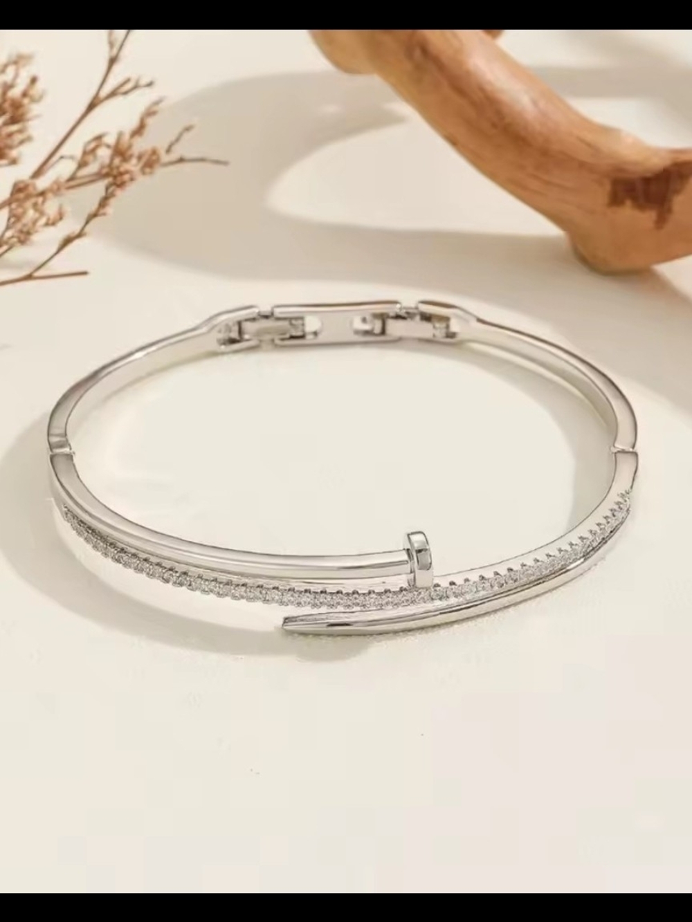 Silver Crystal Accent Hinged Bangle Bracelet